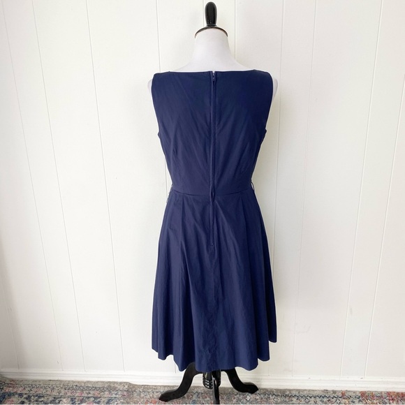 LL Bean Sz 6 Navy Blue Cotton Poplin Midi Sleeveless Pleated Dress Pockets - Picture 2 of 16